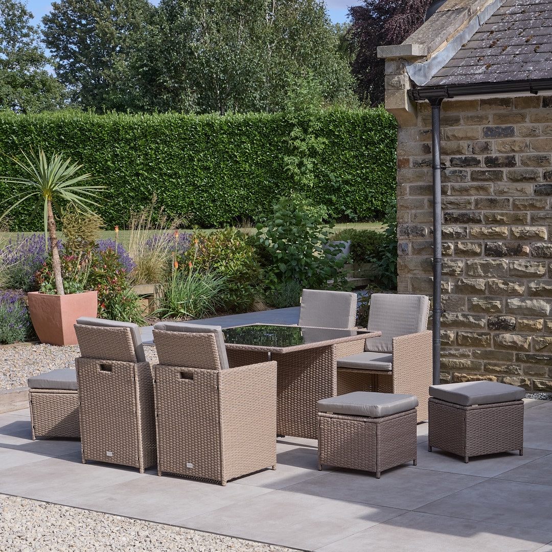 8 Seater Rattan Cube Outdoor Dining Set - Brown Weave Glass Top - Laura James
