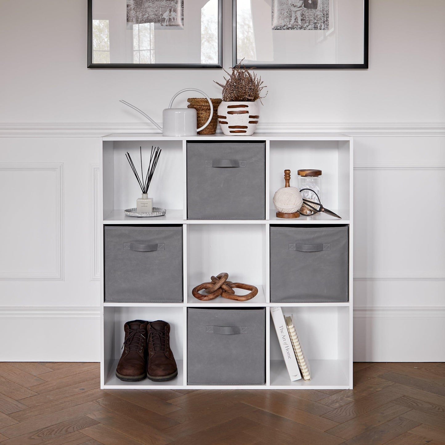 9 Cube Storage Unit & 4 Grey Handled Box Drawers - Laura James