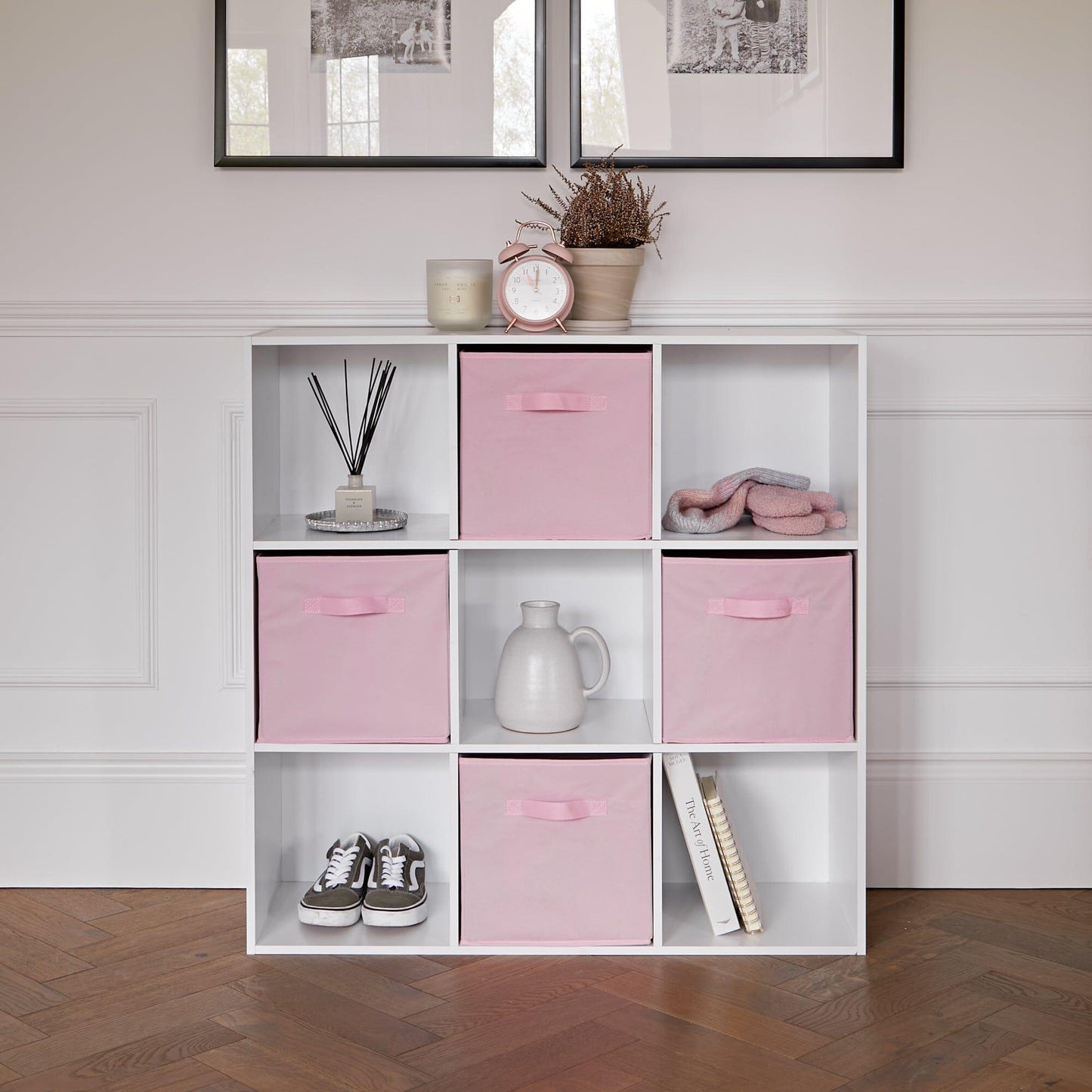 9 Cube Storage Unit / Bookcase & 4 Pink Handled Box Drawers - Laura James