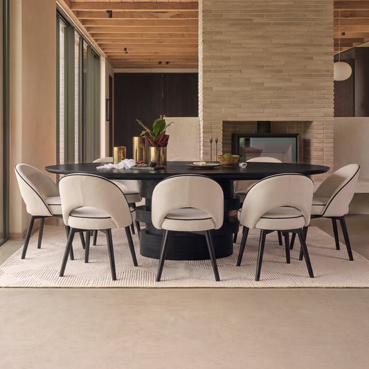 Adam 240cm Jet Black Mango Wood Oval Dining Table Set - 8 Seater - Marilyn Ivory with Jet Black Piping Dining Chairs - Black Oak Legs - Laura James 