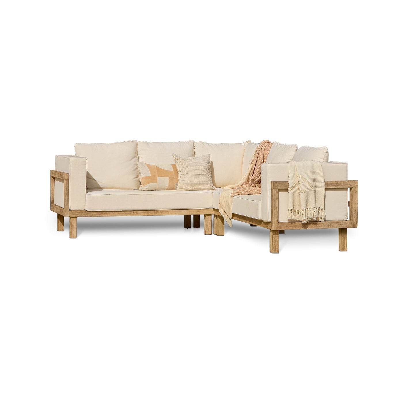 Akira Wooden Corner Sofa with Cushions - Linen - Laura James 