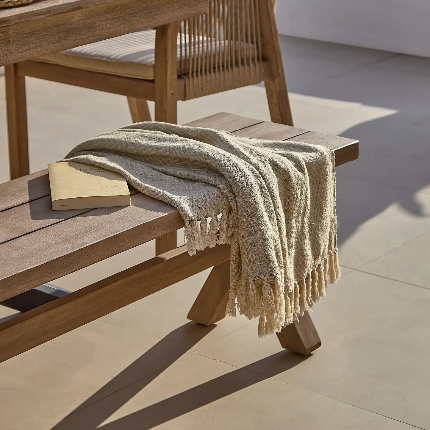 Amelia Wooden Rectangular Dining Table Set with Charlotte 170cm Dining Bench and 4 x Nala Wooden Dining Chairs with Cushions - Sand