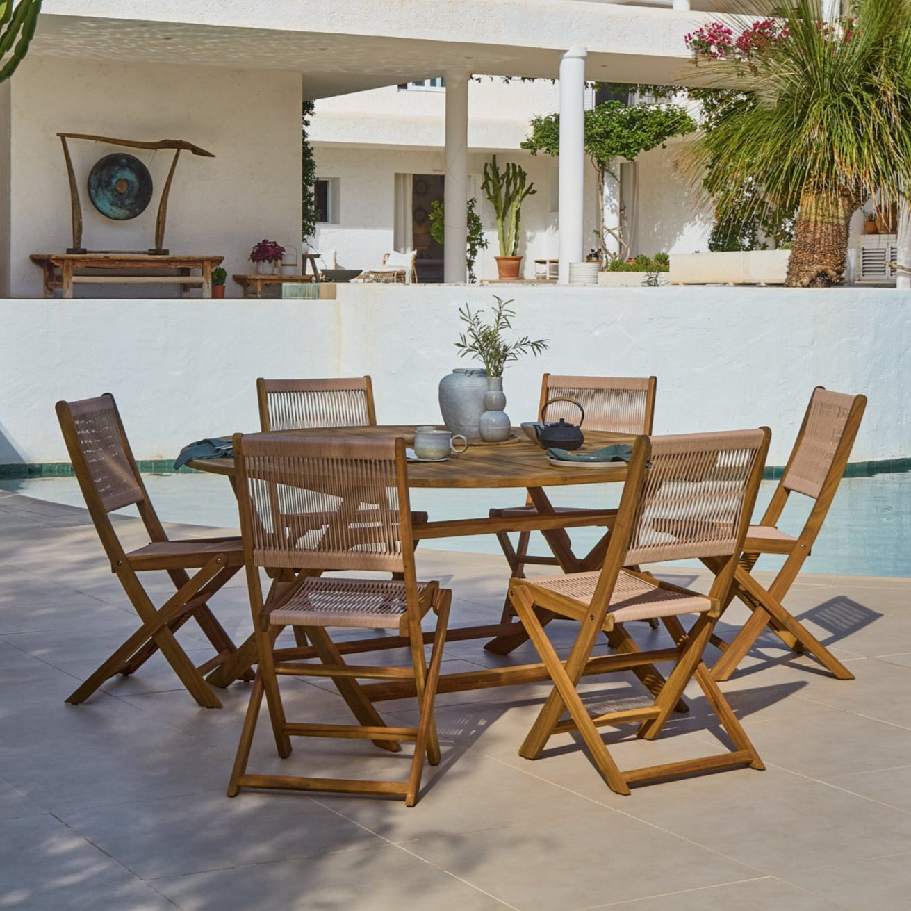 Ashby Wooden Round Folding Table Set with Cove Rope Garden Dining Chairs - Laura James 