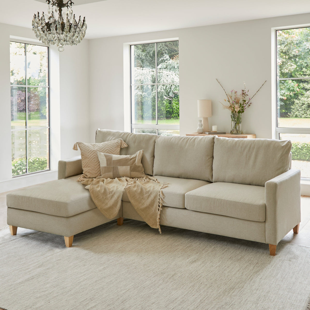 Ava  Large Chaise Corner Sofa - Left Hand - Sand with Pale Oak Legs