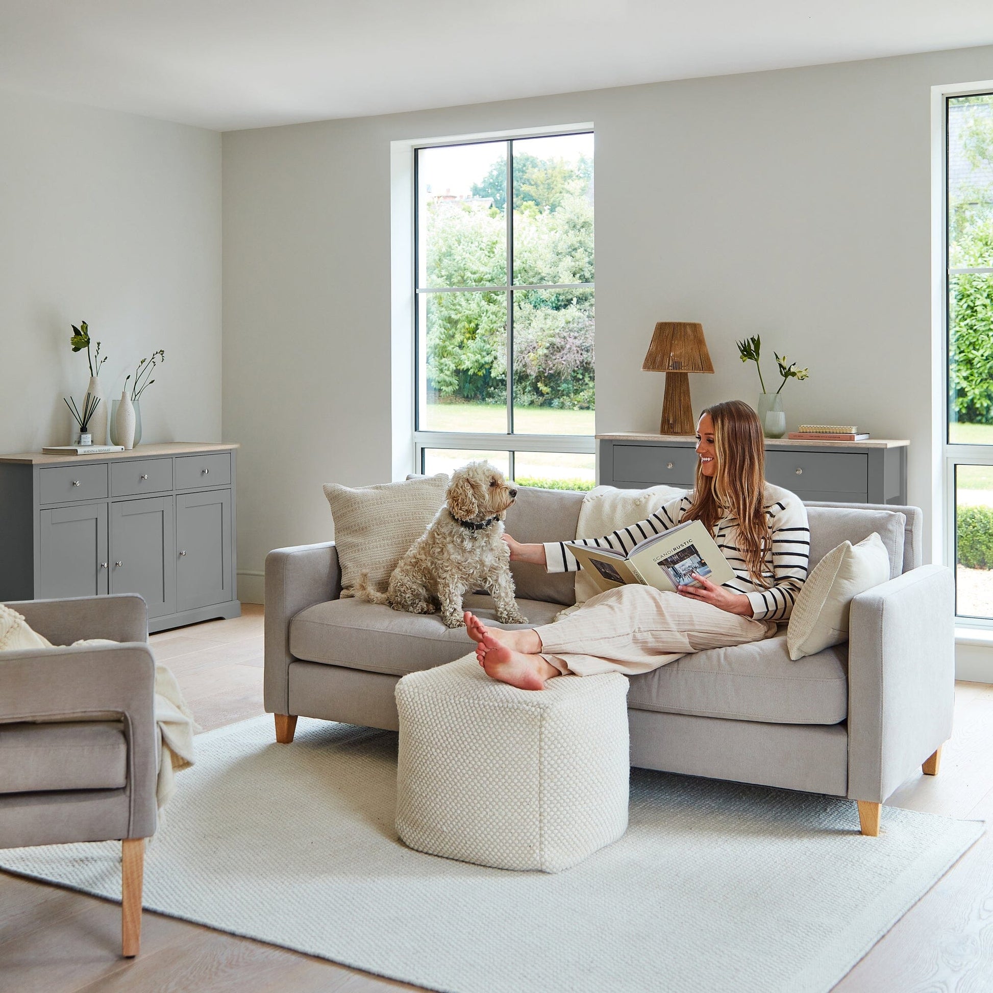 Ava 3 Seater Sofa - Soft Beige with Pale Oak Legs - Laura James