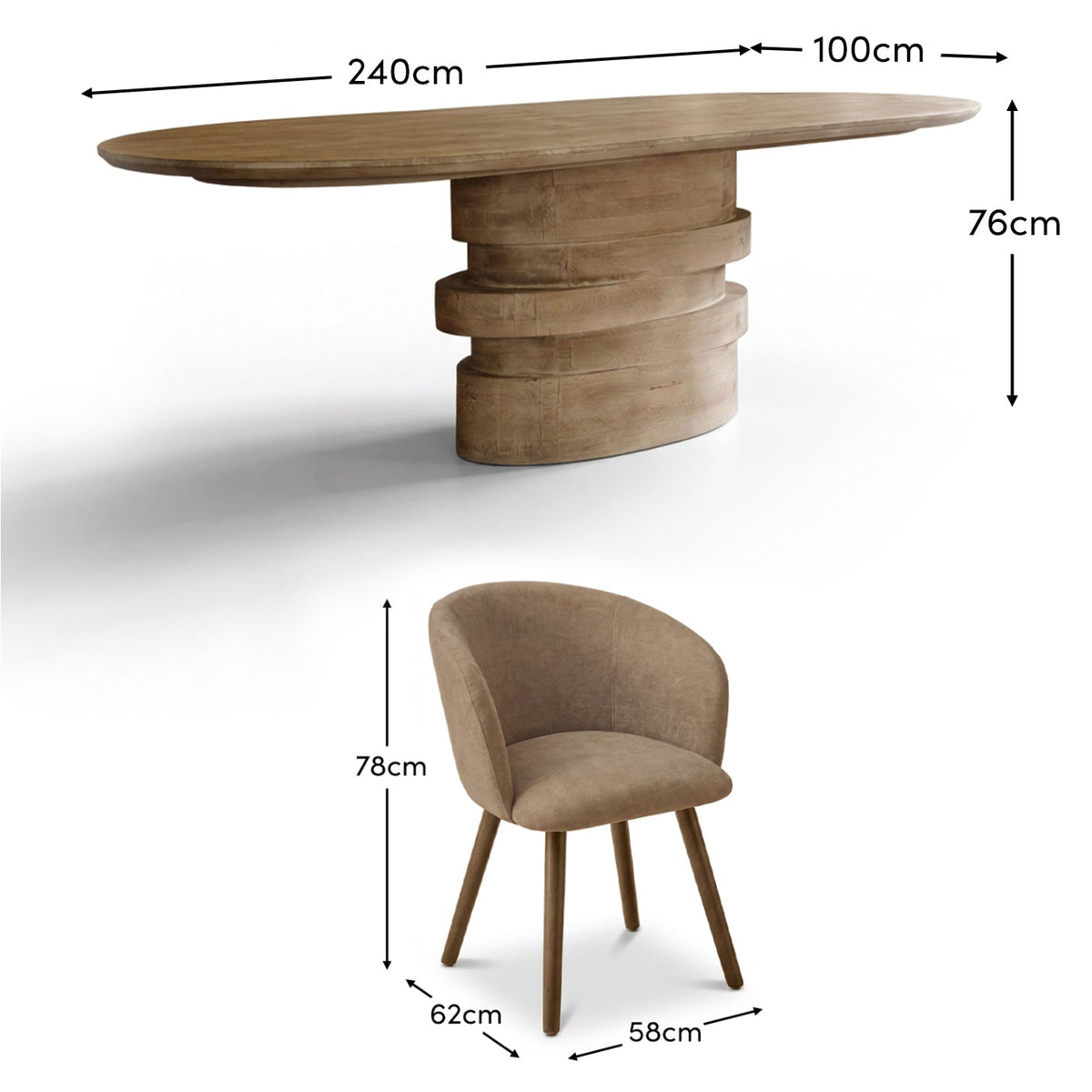 Adam 240cm Almond Brown Oval Dining Table Set - 8 Seater - Archer Natural Brown Dining Chairs - Almond Brown Legs