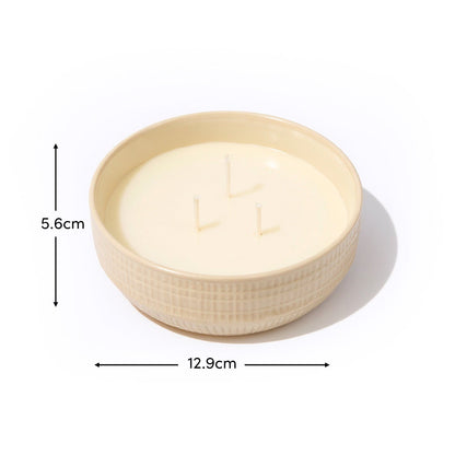 Alderney Three Wick 13cm Ceramic Candle - Oud Wood & Rose In Textured Clay - Laura James