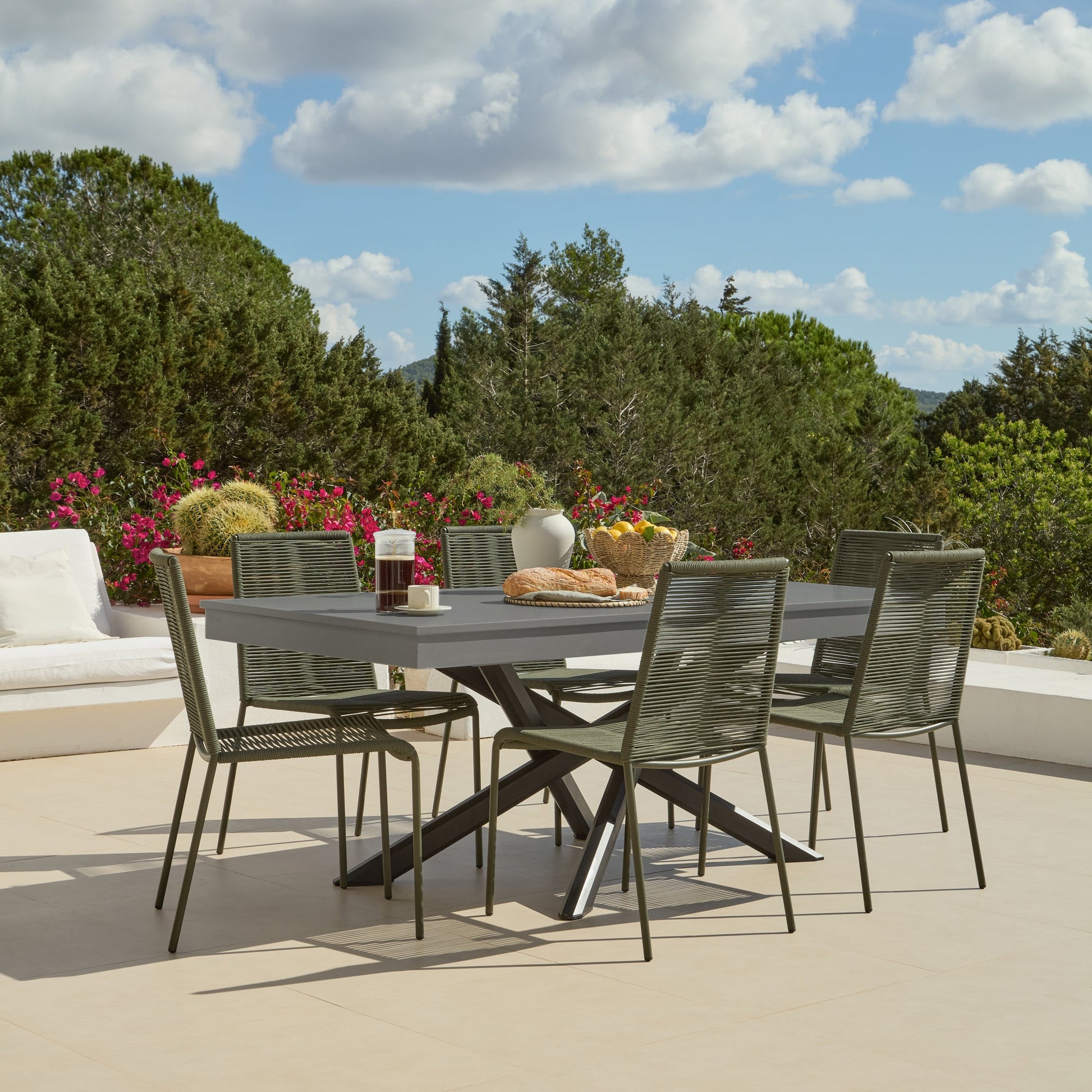 Amelia 6 Seater Dove Grey Concrete Garden Dining Set with Ryder Khaki Chairs - Laura James