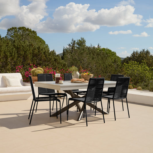 Amelia 6 Seater Pale Grey Concrete Garden Dining Set with Ryder Black Chairs - Laura James