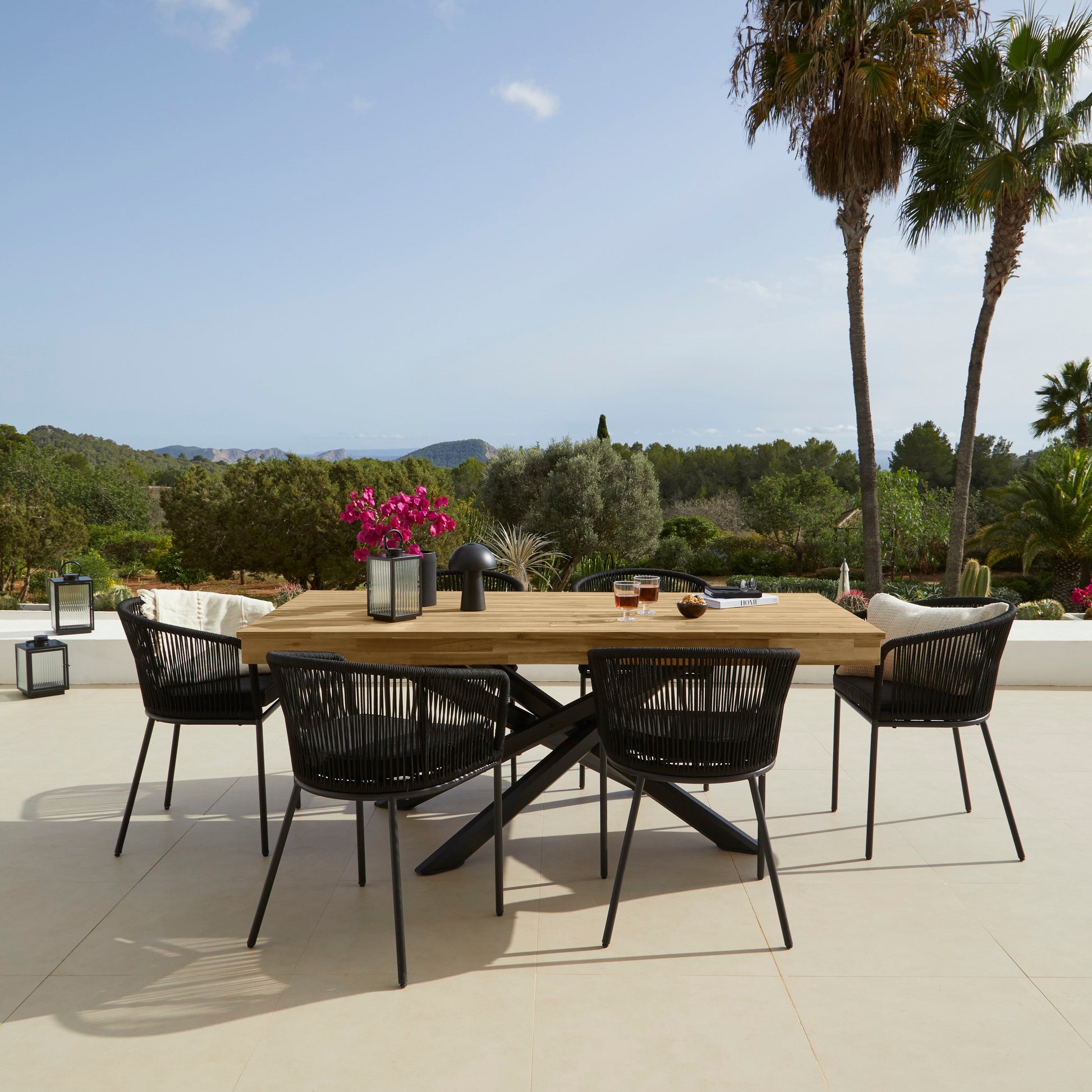 Amelia 6 Seater White Acacia Wood Black Legs Garden Dining Set - Hali Black Chairs - Laura James 