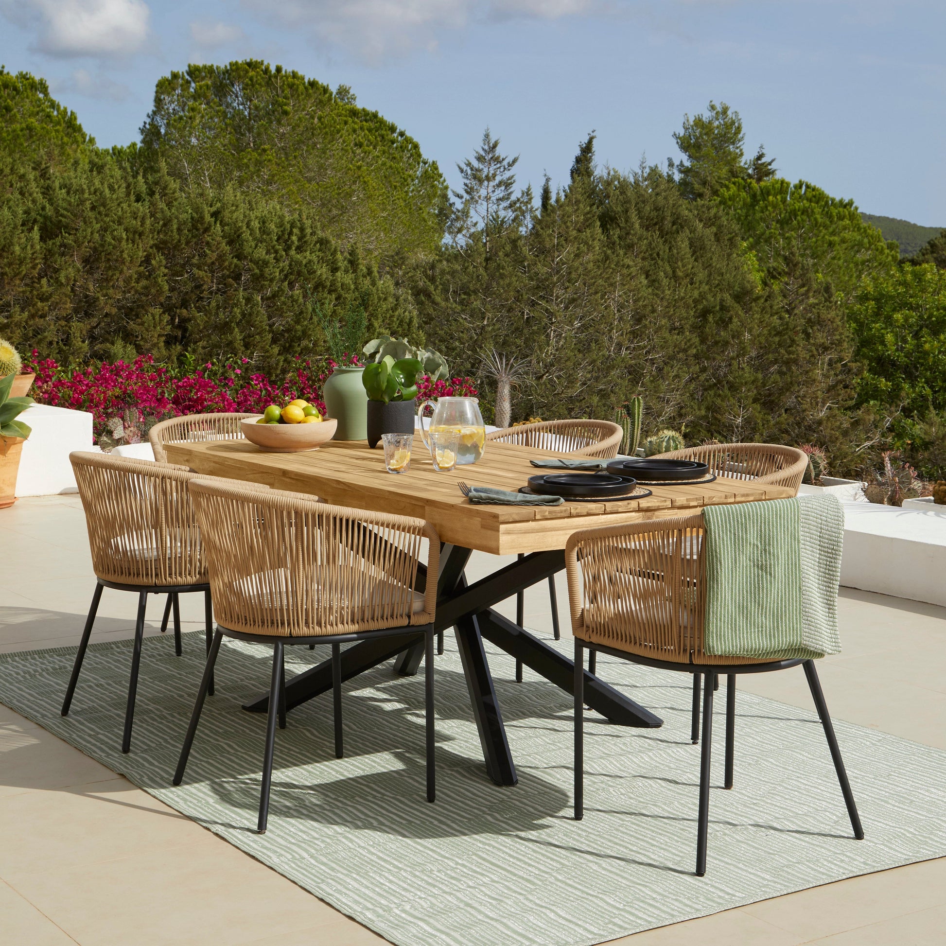 Amelia 6 Seater White Acacia Wood Black Legs Garden Dining Set - Hali Natural Chairs - Laura James 