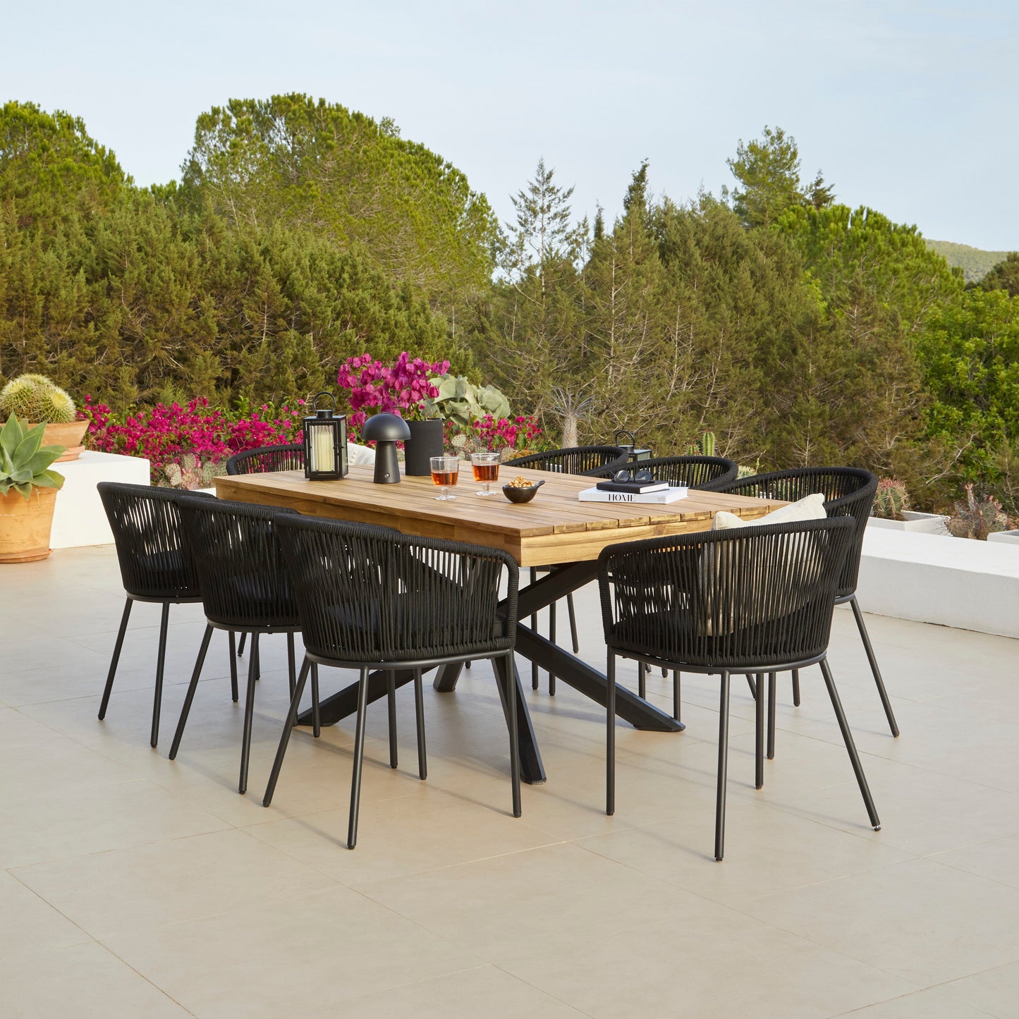 Amelia 8 Seater White Acacia Wood Black Legs Garden Dining Set - Hali Black Chairs - Laura James 