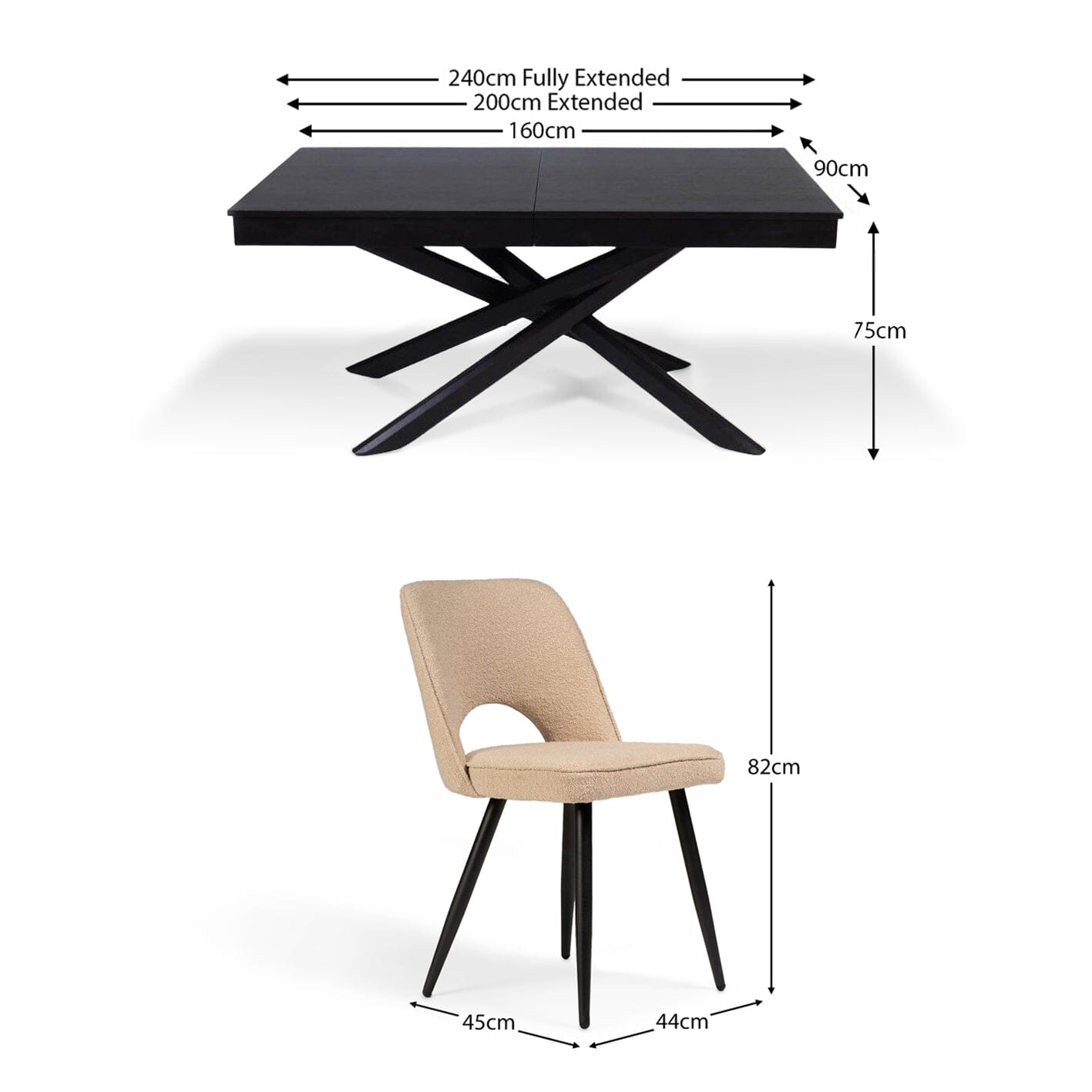 Amelia Black Extendable Dining Table Set - 6 Seater - Dolly Dining Chairs - Black Legs
