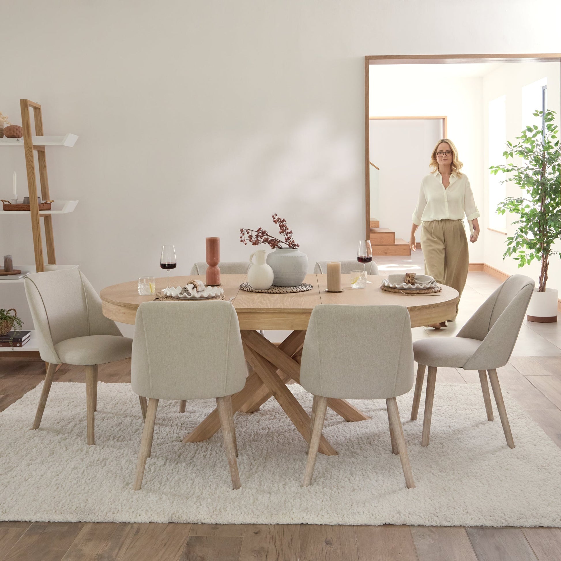 Amelia Whitewash Oval Extending Dining Table Set - 6 Seater - Freya Sand Dining Chair - Whitewash Oak Legs - Laura James 