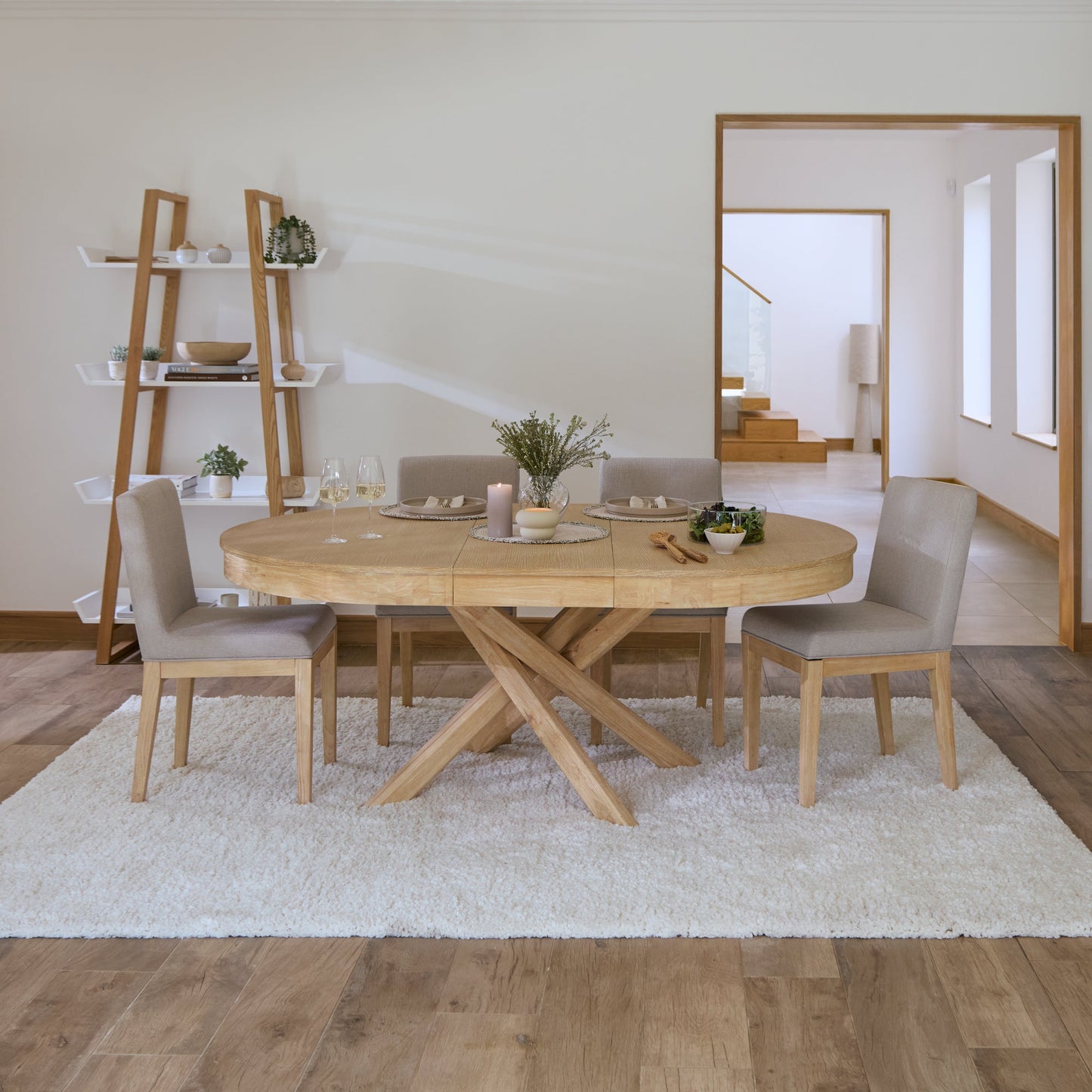 Amelia Whitewash Oval Extending Dining Table Set - 4 Seater - Nolan Fawn Linen Dining Chairs - Whitewash Oak Legs - Laura James