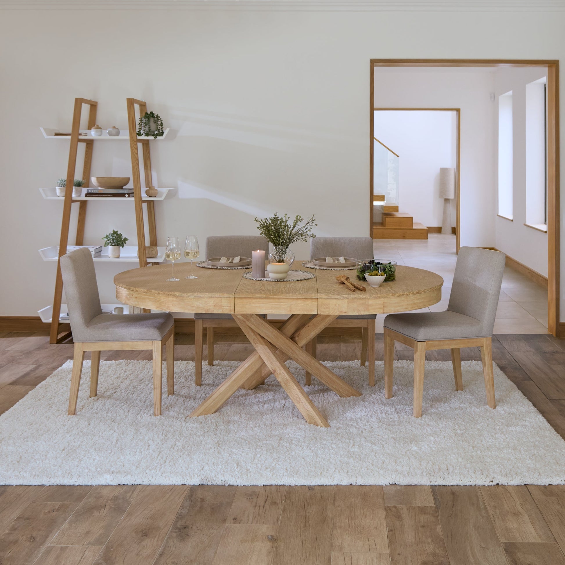 Amelia Whitewash Oval Extending Dining Table Set - 4 Seater - Nolan Fawn Linen Dining Chairs - Whitewash Oak Legs - Laura James
