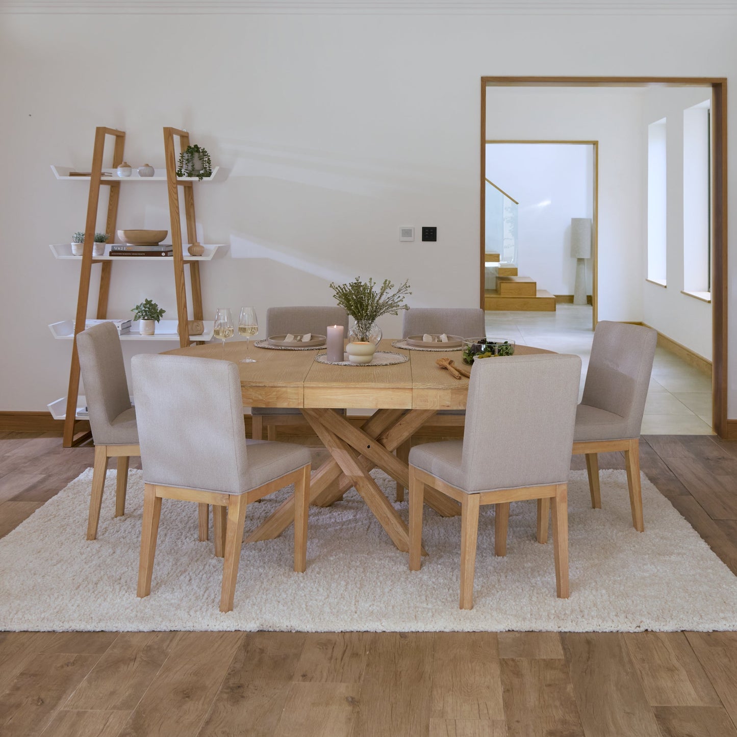 Amelia Whitewash Oval Extending Dining Table Set - 4 Seater - Nolan Fawn Linen Dining Chairs - Whitewash Oak Legs - Laura James