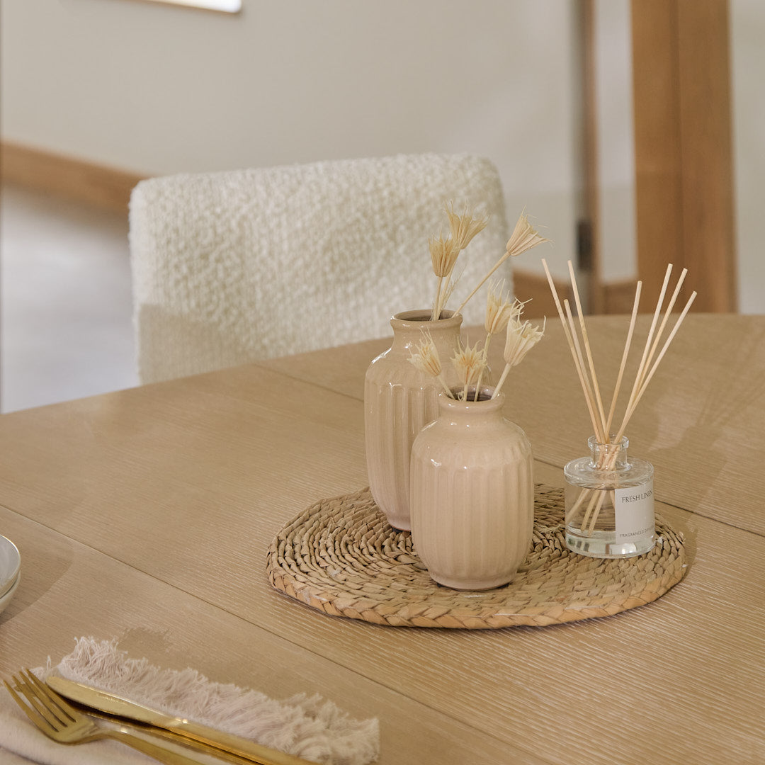 Amelia Whitewash Oval Extending Dining Table Set - 4 Seater - Nolan Boucle Dining Chairs - Whitewash Oak Legs - Laura James