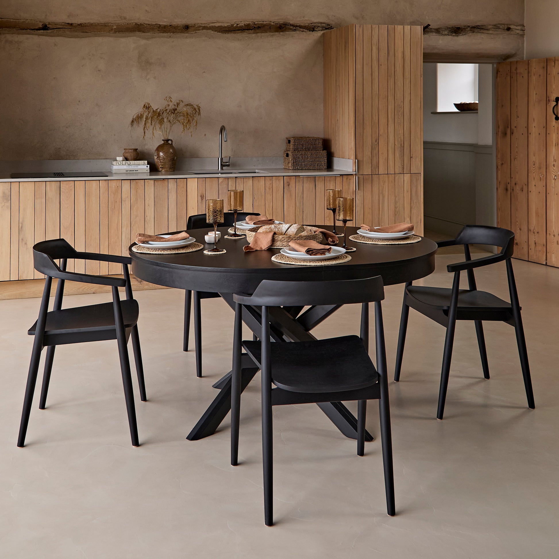 Amelia Black Oak Oval Extending Dining Table Set - 4 Seater - Carter Black Oak Dining Armchairs - Laura James