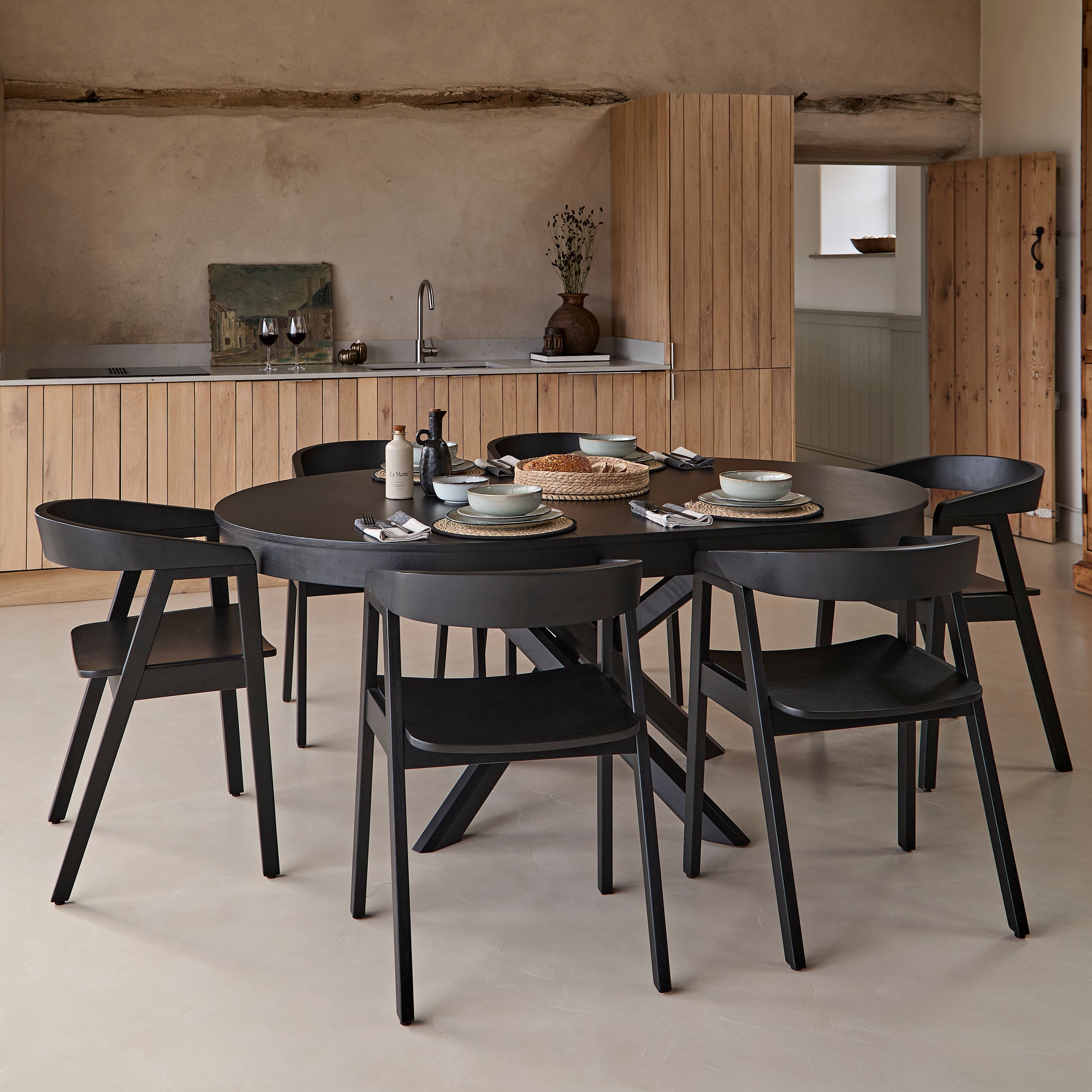 Amelia Black Oak Extendable Oval Dining Table Set - 6 Seater
