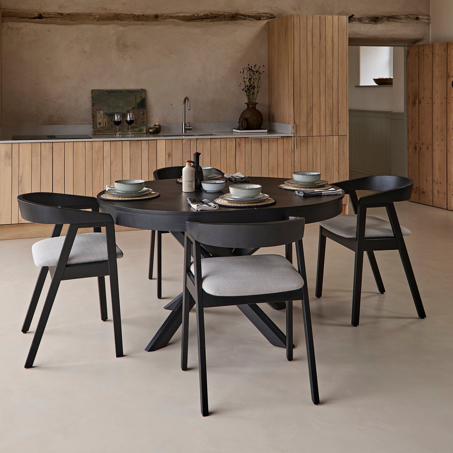 Amelia_Oval_140-180cm_Extending_Dining_Table_Black_Oak_and_Ella_Carver_Dining_Chair_Fawn_Linen-11 - Laura James
