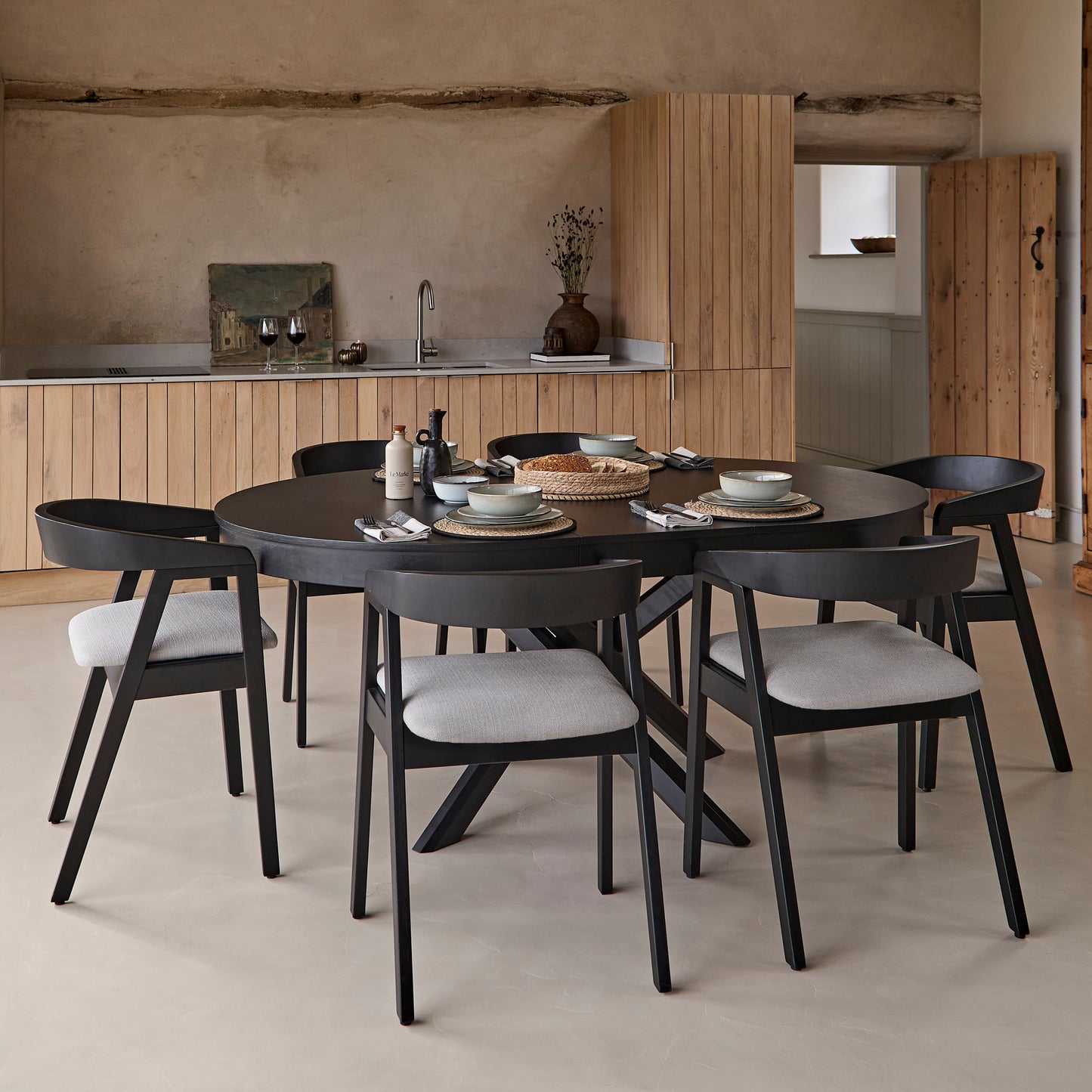 Amelia Black Oak Oval Extending Dining Table Set - 6 Seater - Ella Black Oak Carver Chairs - Fawn Linen - Laura James 