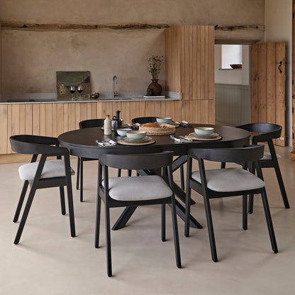 Amelia Black Oak Oval Extending Dining Table Set - 6 Seater - Ella Black Oak Carver Chairs - Fawn Linen - Laura James 