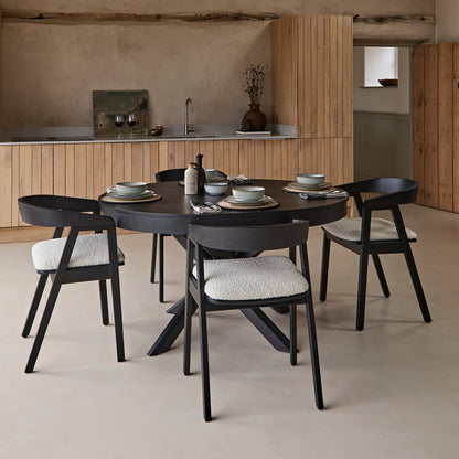Amelia Black Oak Oval Extending Dining Table Set - 4 Seater - Ella Black Oak Carver Chairs - Off White Boucle - Laura James
