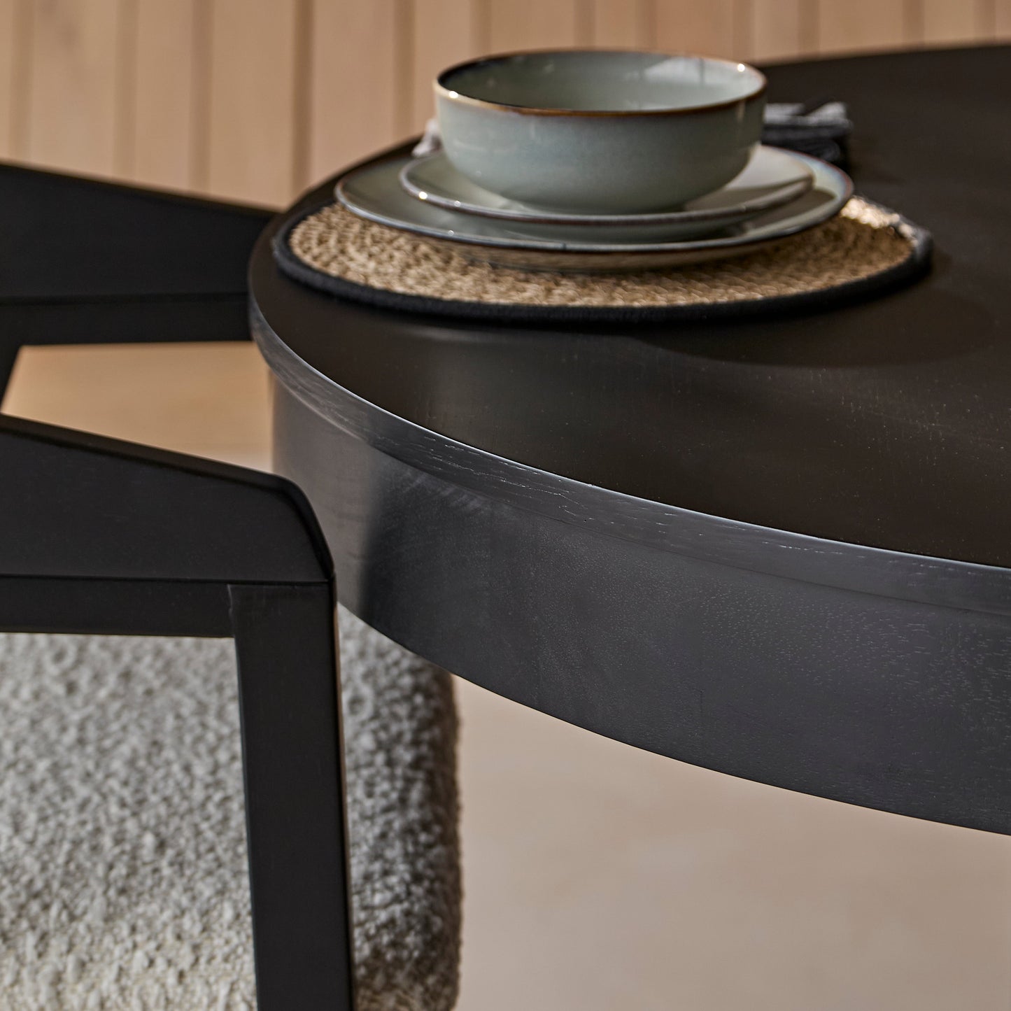 Amelia Black Oak Oval Extending Dining Table Set - 4 Seater - Ella Black Oak Carver Chairs - Off White Boucle - Laura James