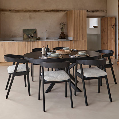 Amelia Black Oak Oval Extending Dining Table Set - 4 Seater - Ella Black Oak Carver Chairs - Off White Boucle - Laura James
