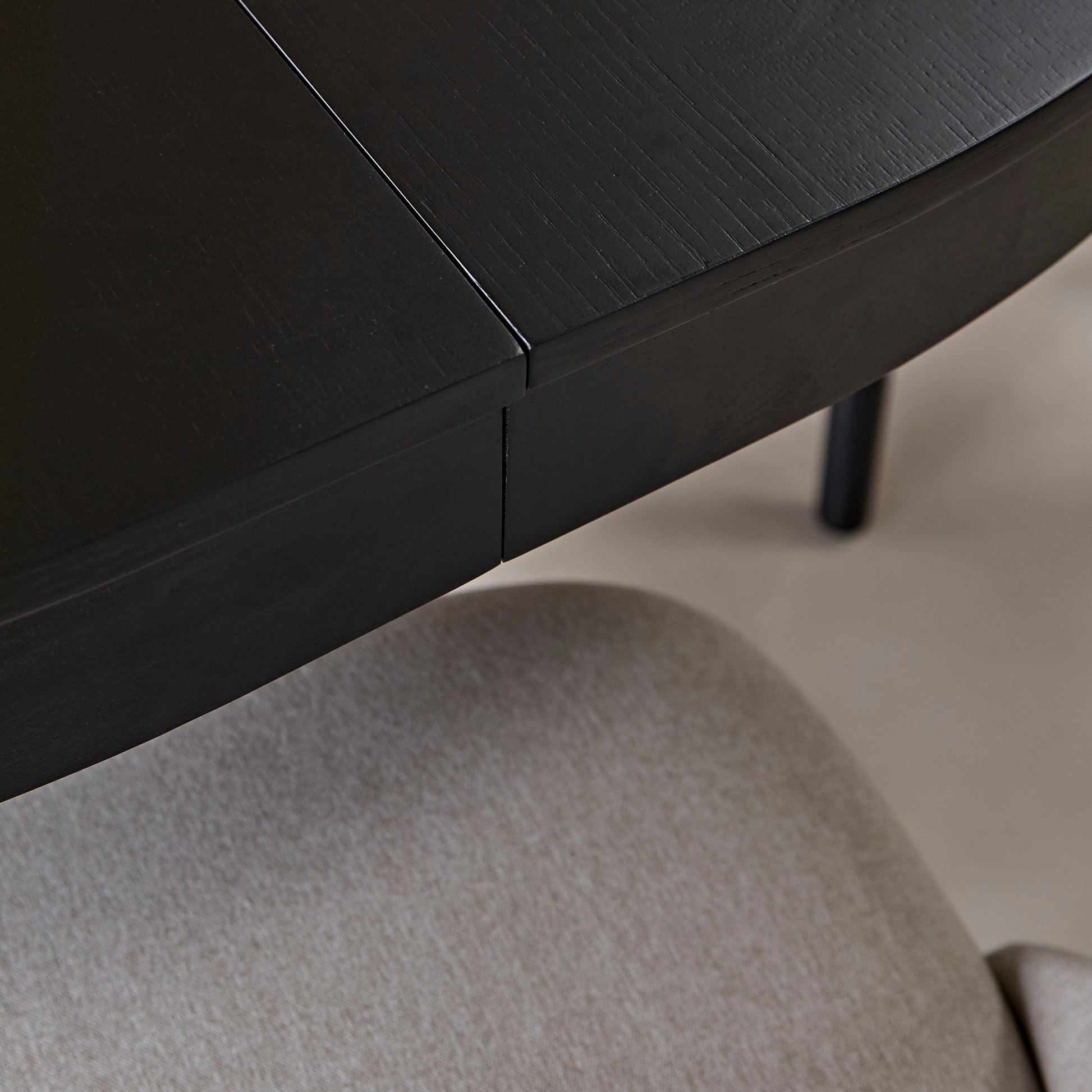 Amelia Black Oak Oval Extending Dining Table Set - 4 Seater - Freya Sand Dining Chairs - Black Oak Legs - Laura James