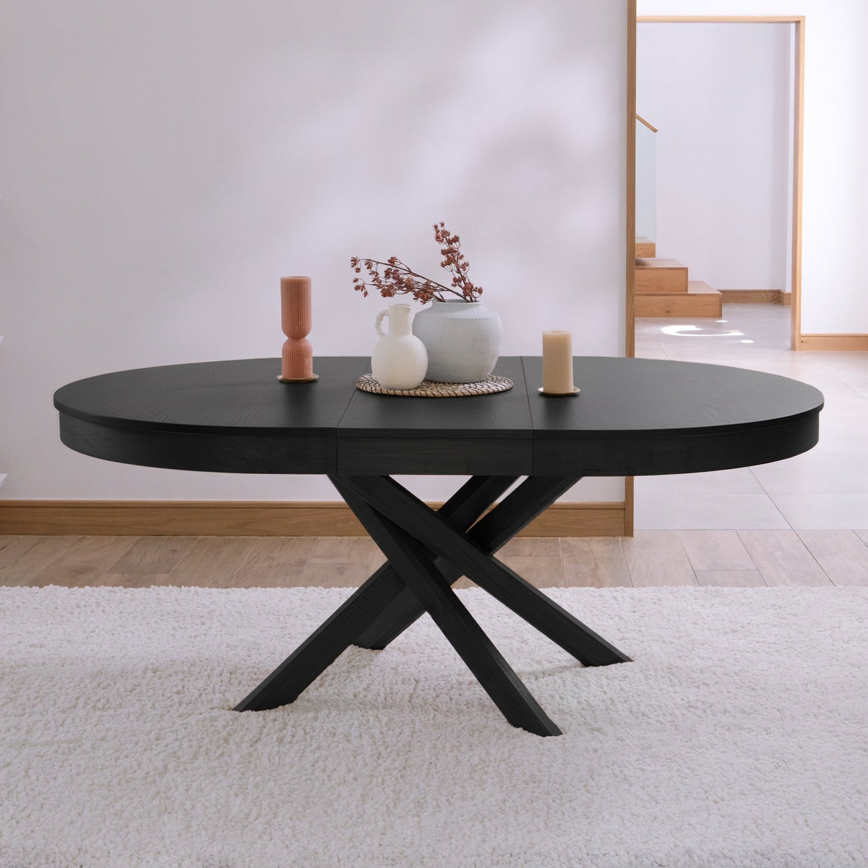 Amelia Black Oak Extendable Oval Dining Table Set - 6 Seater