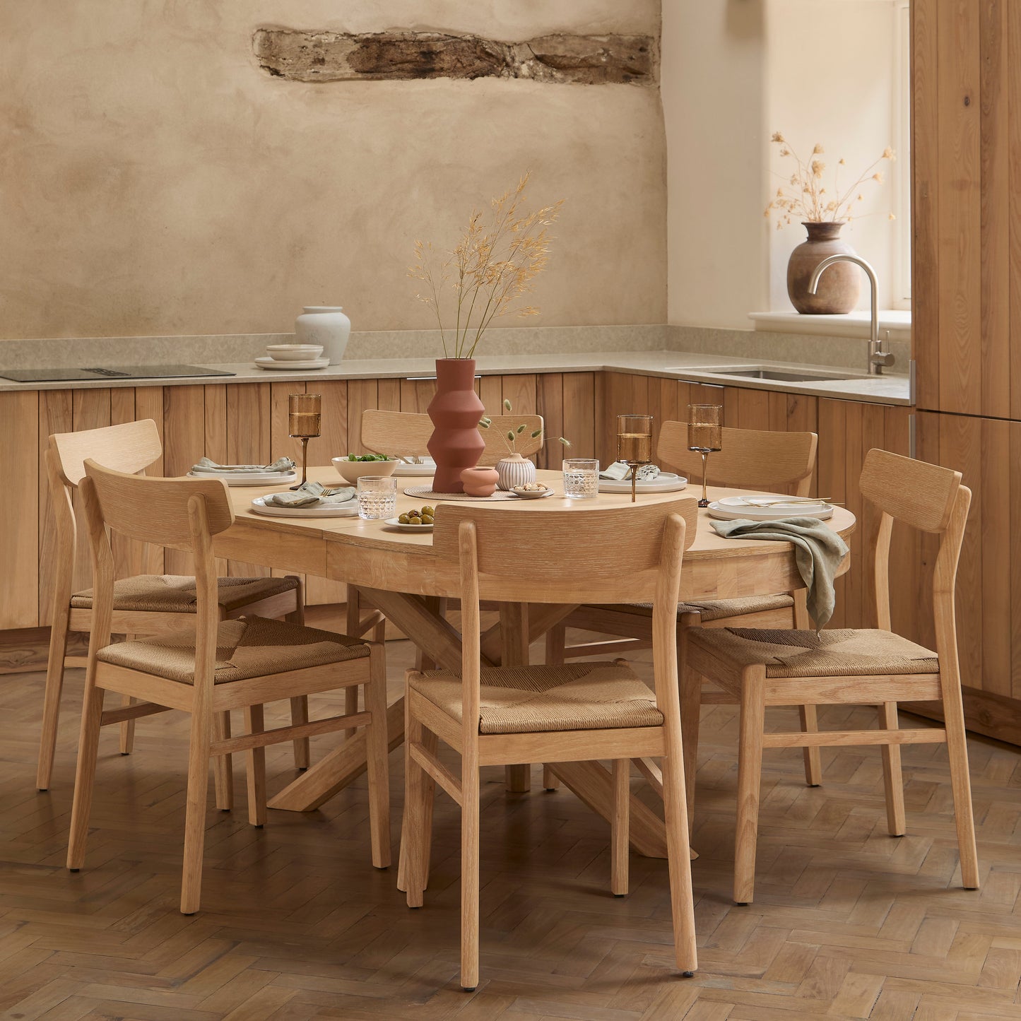 Amelia Extendable Whitewash Oval Dining Table Set - 4 Seater - Faye Dining Chairs - Whitewash Oak Legs -  Laura James 
