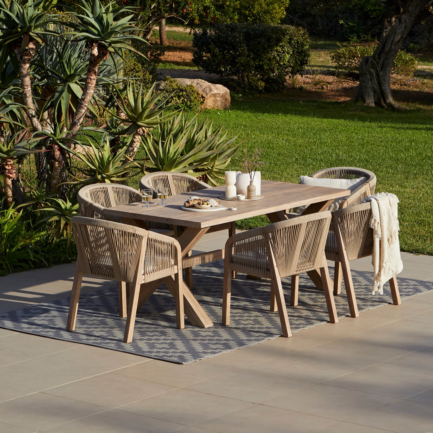 Charlotte 6 Seater Wooden Garden Dining Set with 6 Nala Sand Cushioned Chairs