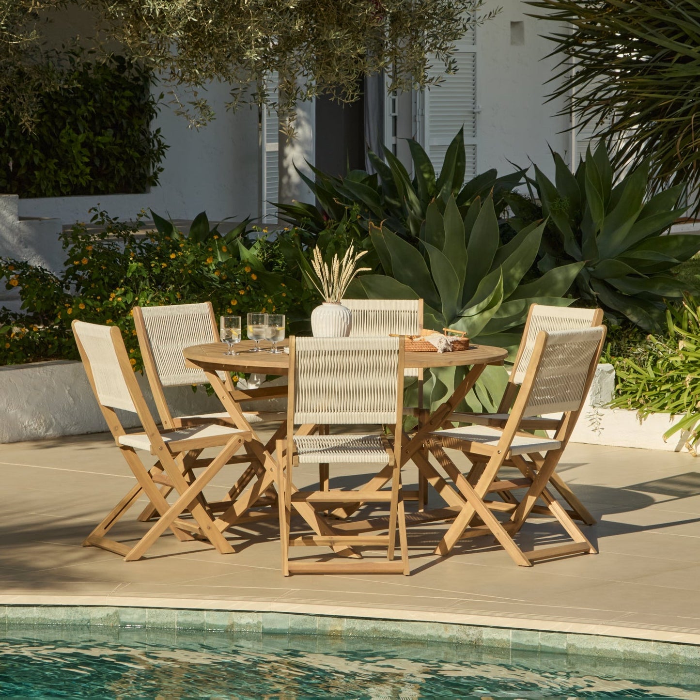 Ashby 6 Seater White Acacia Garden Dining Set with Cove Beige Rope Chairs - 130cm - Laura James