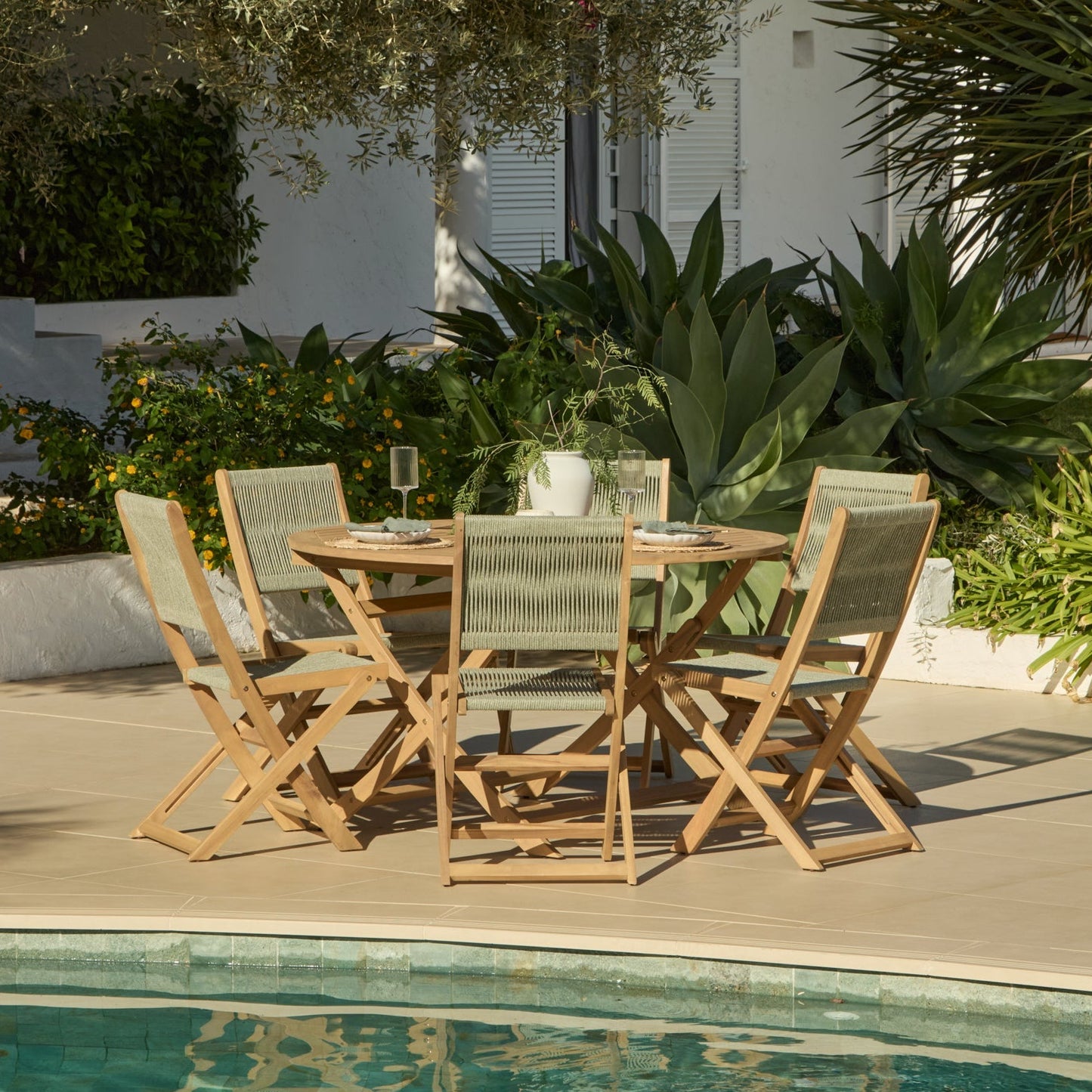Ashby 6 Seater White Acacia Garden Dining Set with Cove Green Rope Chairs - 130cm - Laura James