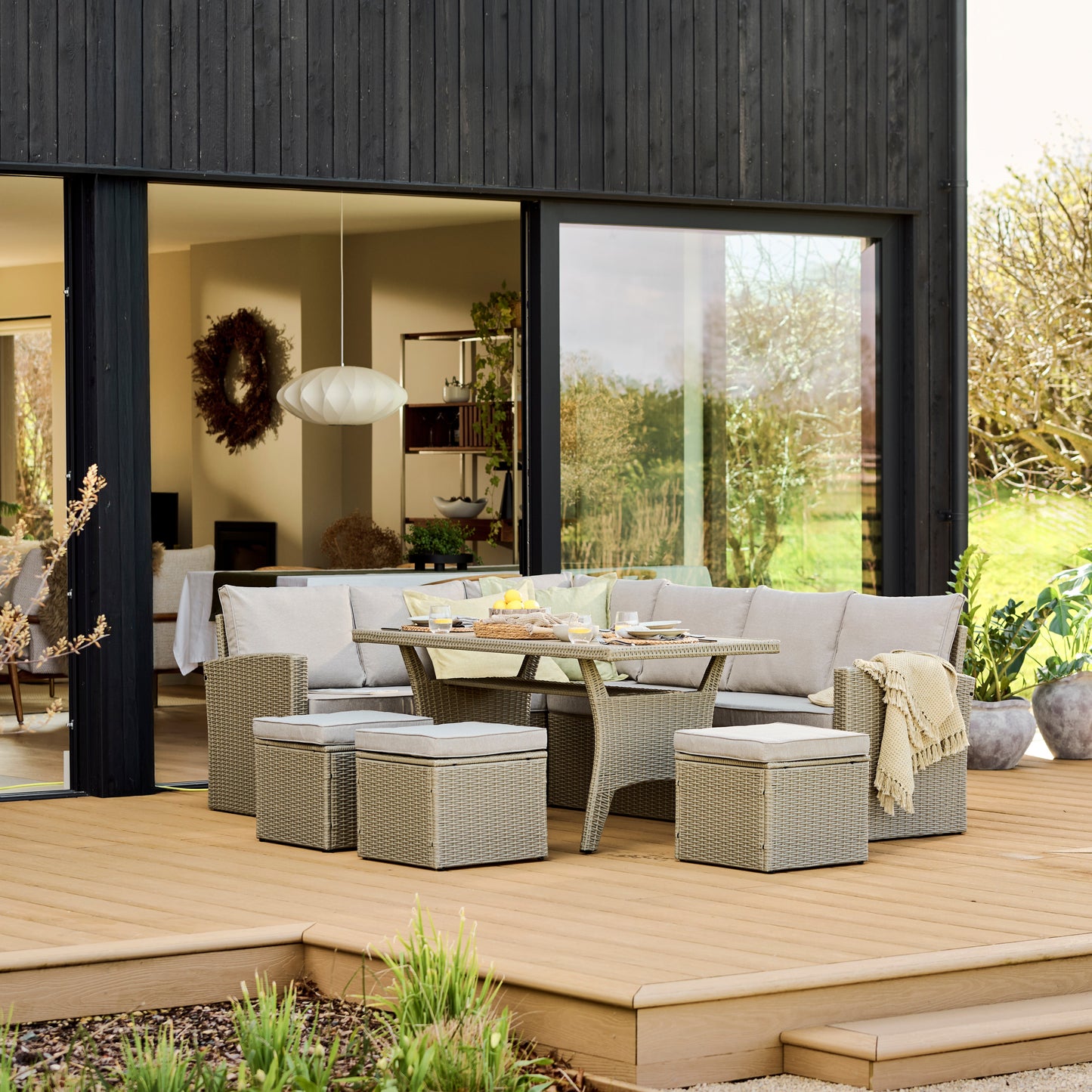 Aston 9 Seater Rattan Garden Corner Dining Set - Light Grey with Polywood Top - Laura James
