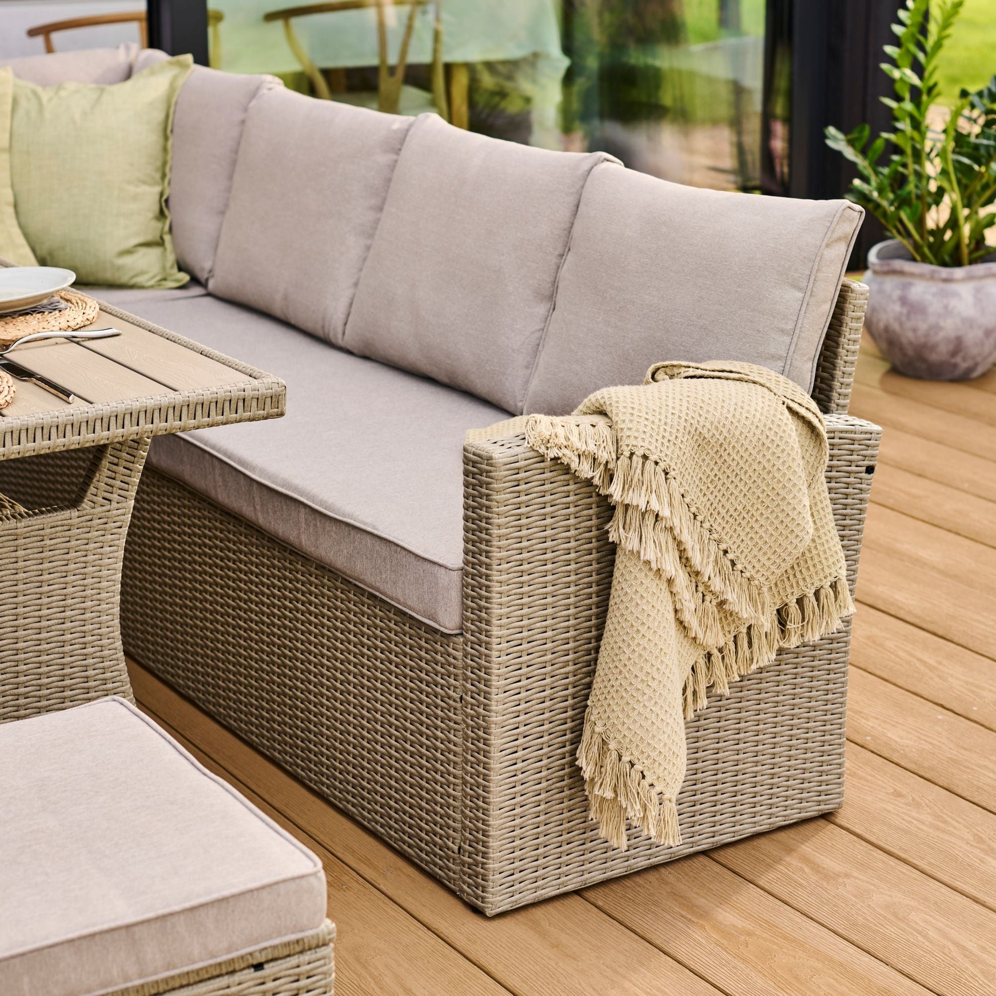 Aston 9 Seater Rattan Garden Corner Dining Set - Light Grey with Polywood Top - Laura James