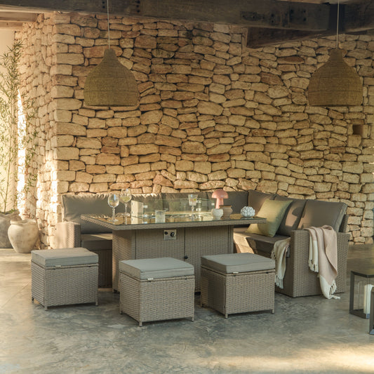 Aston 9 Seater Rattan Garden Corner Sofa Set with Fire Pit - Brown Weave