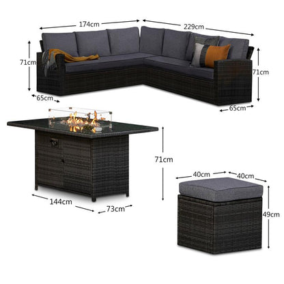 Aston 9 Seater Rattan Garden Corner Sofa Set with  Firepit - Grey - Laura James 