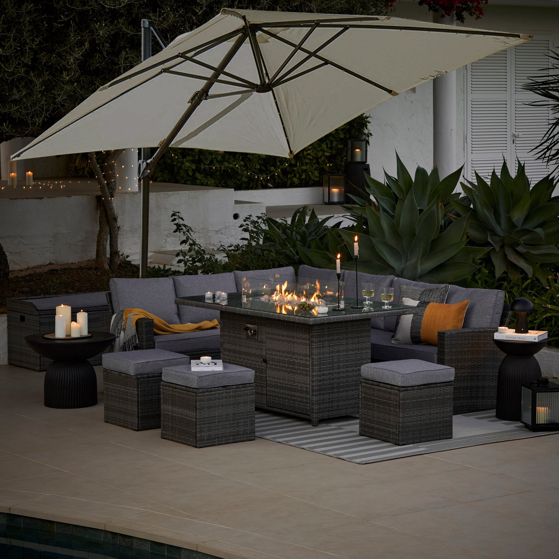 fire pit patio table with umbrella Aston 9 Seater Rattan Garden Corner Sofa Set with Cream Cantilever LED – Laura James Ireland