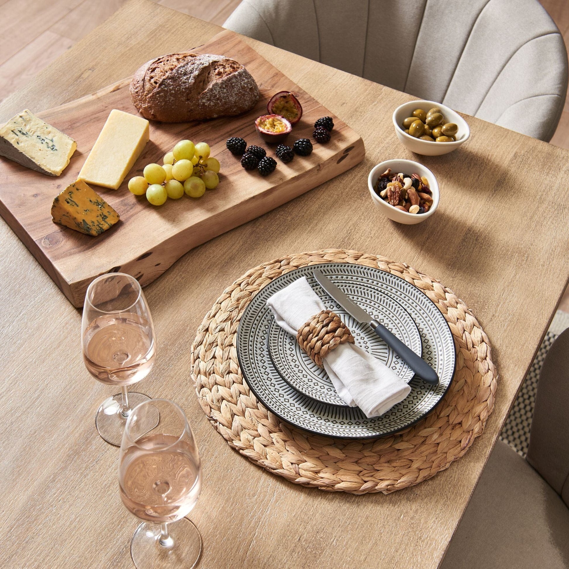 Atlas Chalked Mango Wood Dining Table - 6 Seater - Cleo Soft Beige Dining Chairs - Black Legs - Laura James 