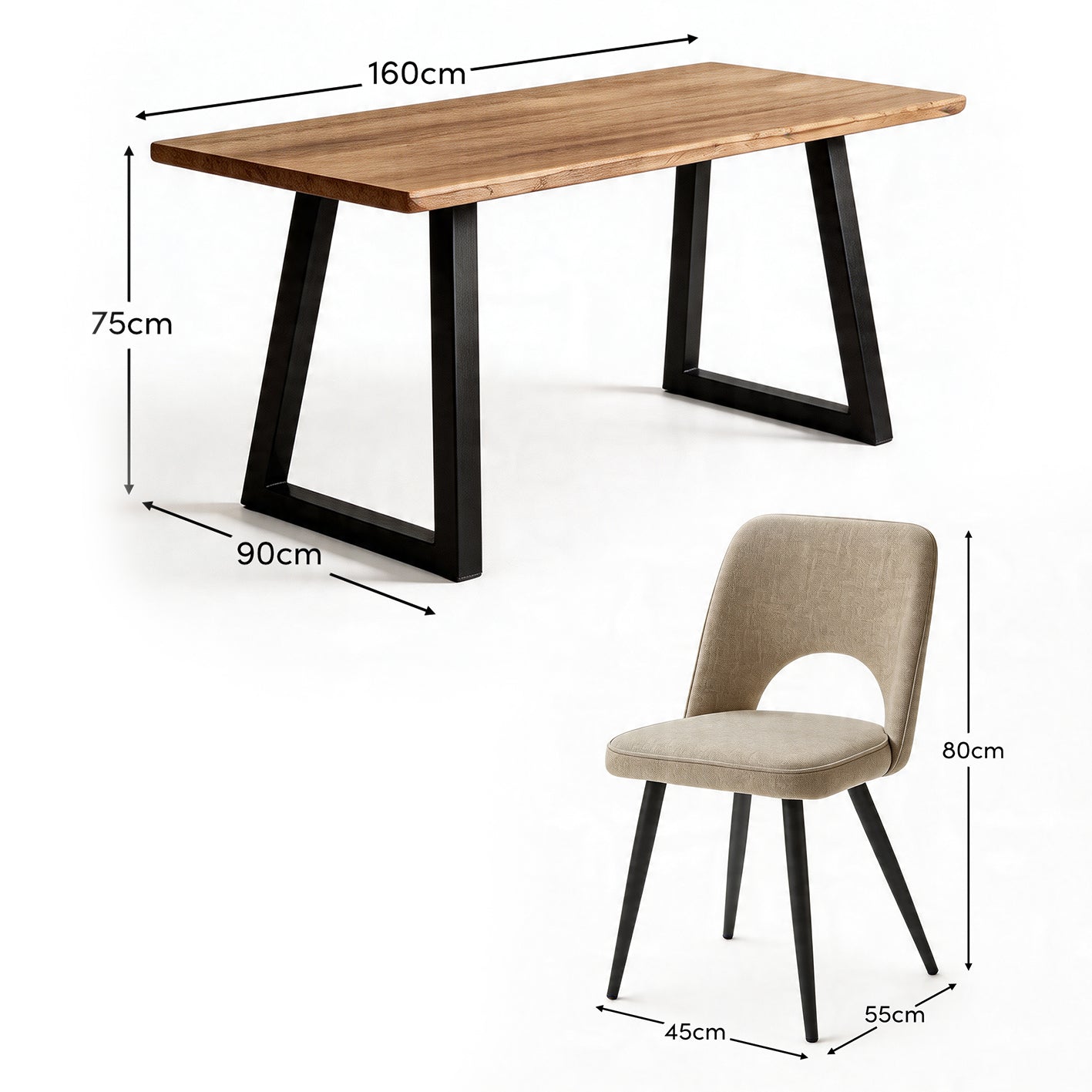 Atlas 160cm Chalked Mango Wood Dining Table Set - 6 Seater - Dolly Dining Chairs - Mink Taupe with Black Legs - Laura James