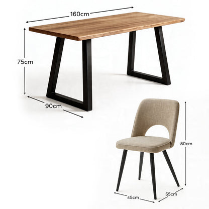 Atlas 160cm Chalked Mango Wood Dining Table Set - 6 Seater - Dolly Dining Chairs - Mink Taupe with Black Legs - Laura James