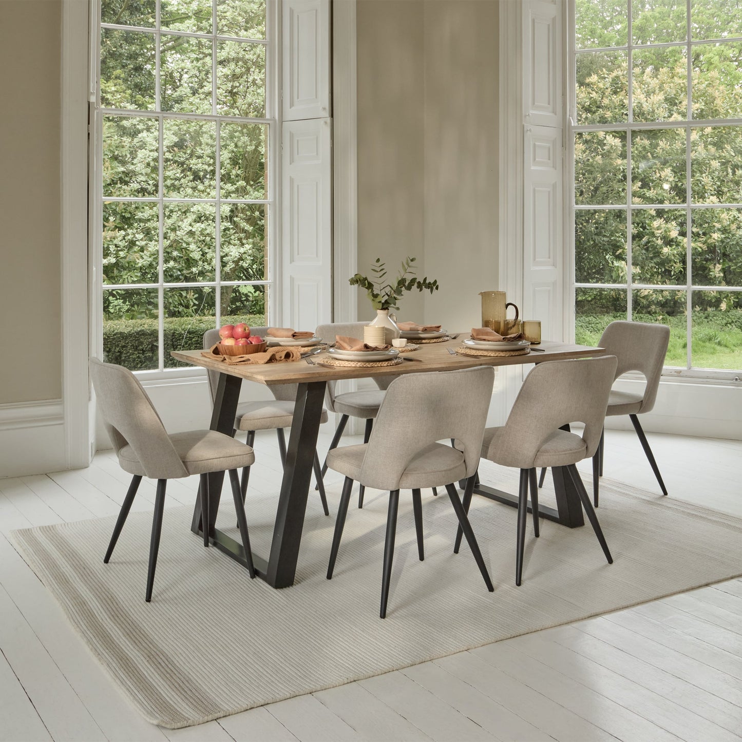 Atlas 160cm Chalked Mango Wood Dining Table Set - 6 Seater - Dolly Soft Beige Dining Chairs - Black Legs - Laura James
