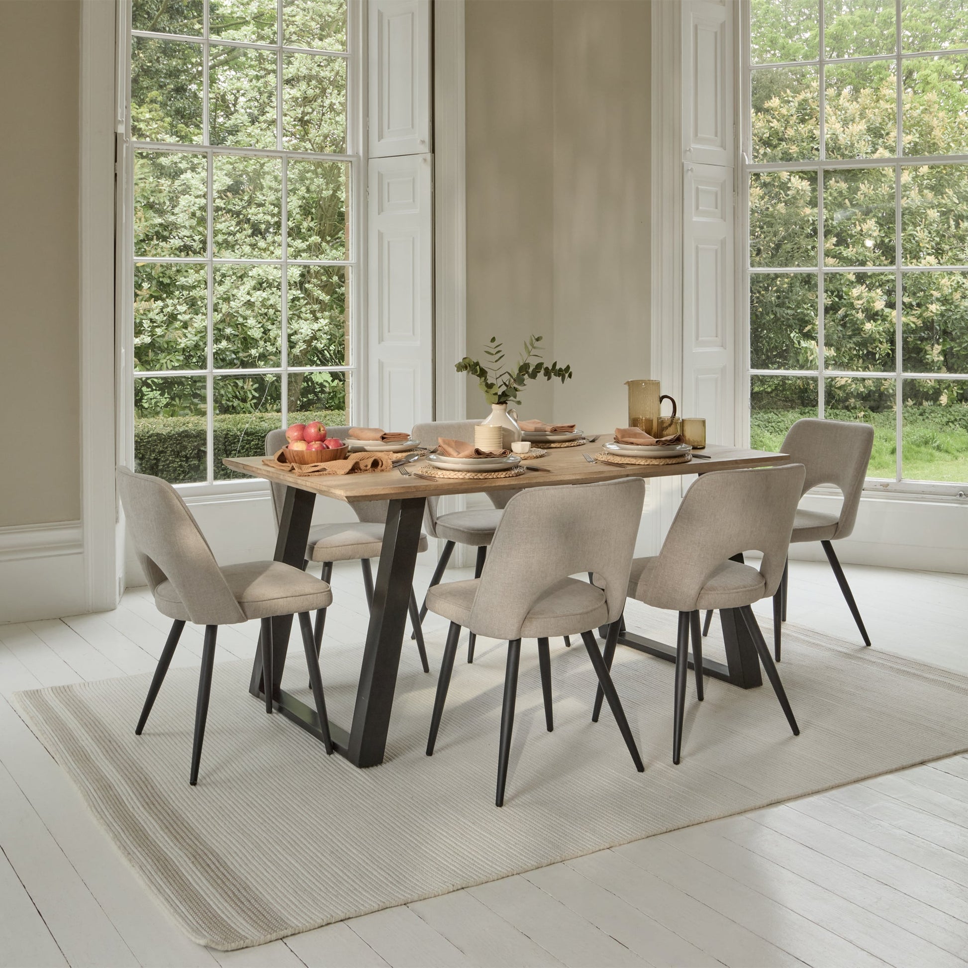 Atlas 160cm Chalked Mango Wood Dining Table Set - 6 Seater - Dolly Soft Beige Dining Chairs - Black Legs - Laura James
