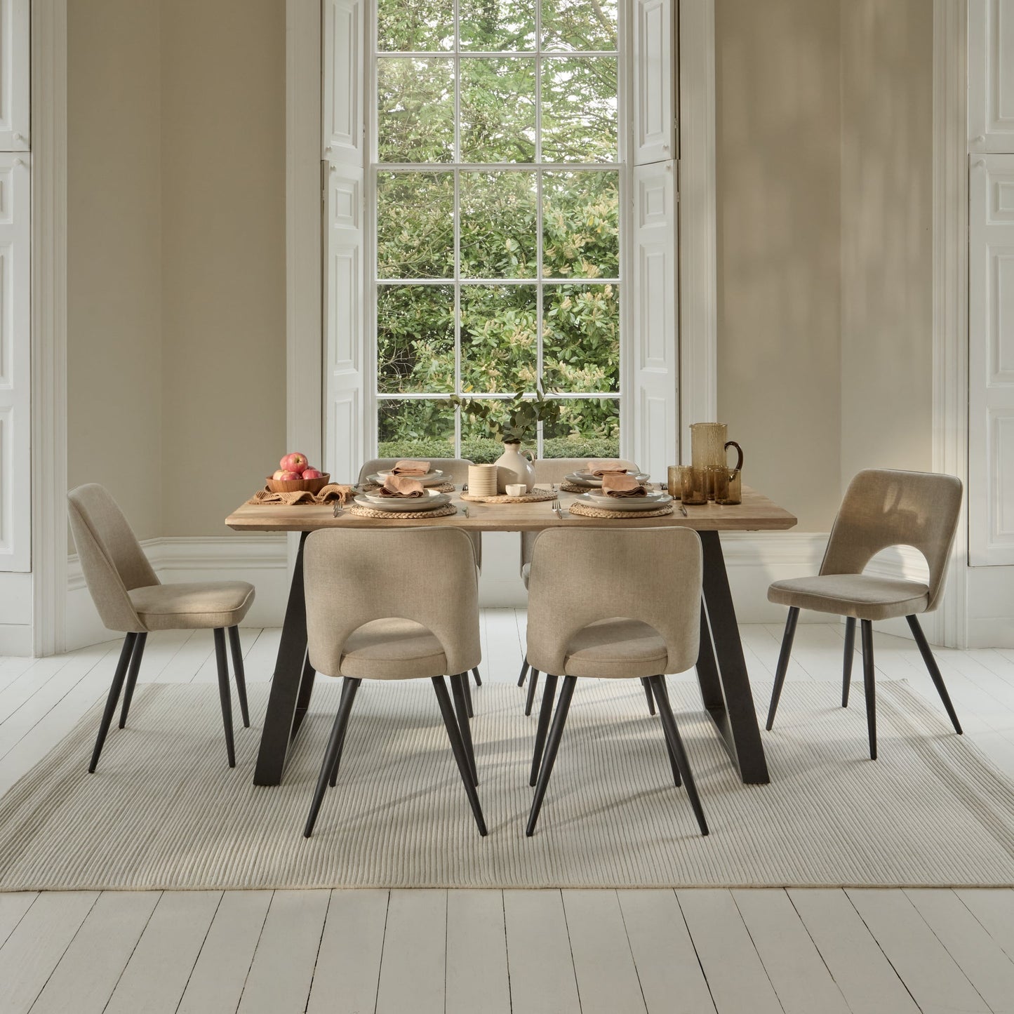 Atlas 160cm Chalked Mango Wood Dining Table Set - 6 Seater - Dolly Dining Chairs - Mink Taupe with Black Legs - Laura James