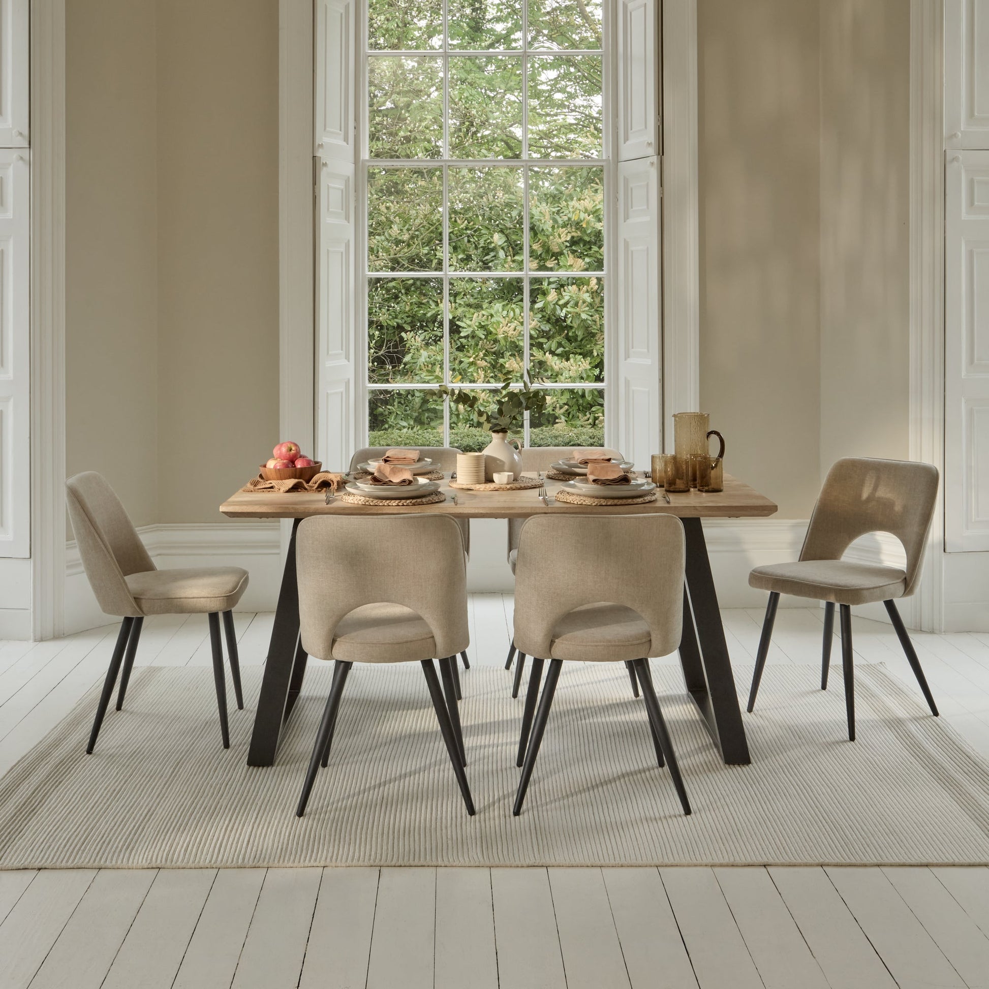 Atlas 160cm Chalked Mango Wood Dining Table Set - 6 Seater - Dolly Dining Chairs - Mink Taupe with Black Legs - Laura James