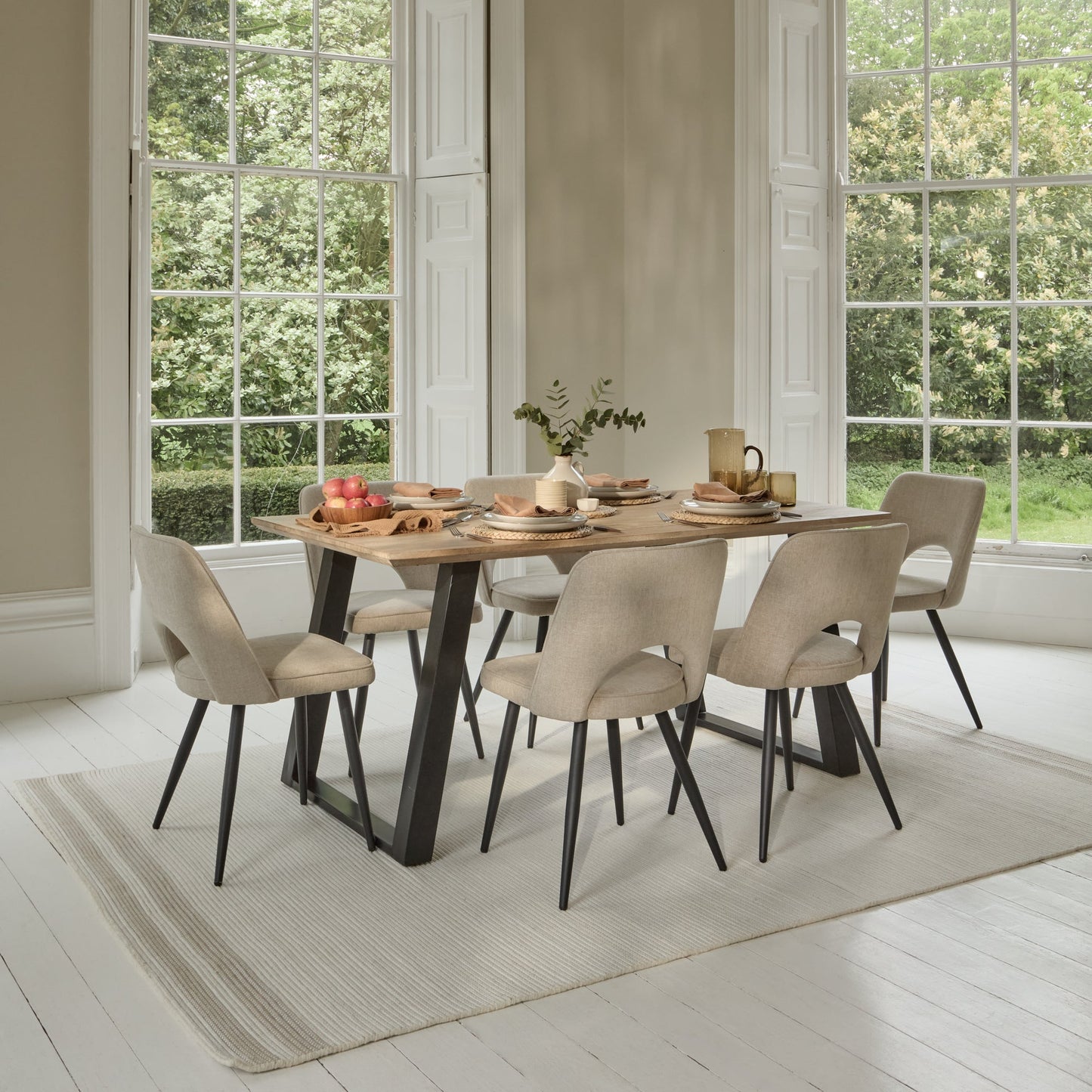 Atlas 160cm Chalked Mango Wood Dining Table Set - 6 Seater - Dolly Dining Chairs - Mink Taupe with Black Legs - Laura James