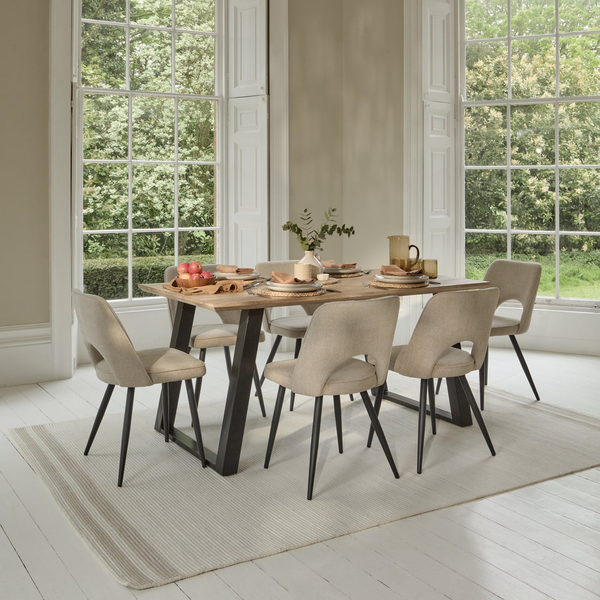 Atlas 160cm Chalked Mango Wood Dining Table Set - 6 Seater - Dolly Dining Chairs - Mink Taupe with Black Legs - Laura James